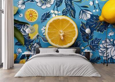 A blue and white floral tablecloth with a lemon on it. The lemon is cut in half and is sitting on the tablecloth Wall mural