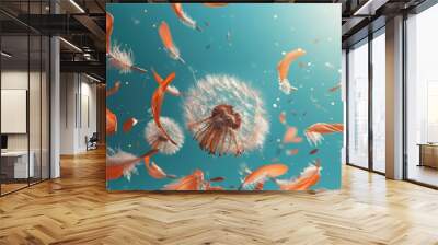 A blue sky with a lot of orange feathers and a dandelion. The dandelion is surrounded by the feathers, which are scattered all over the sky Wall mural