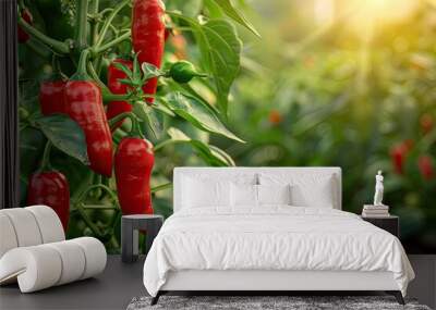 A bunch of red peppers hanging from a plant. The peppers are ripe and ready to be picked Wall mural