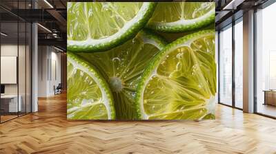 a close up of a lime with its green rind showing. the lime is cut in half and the inside is shown Wall mural