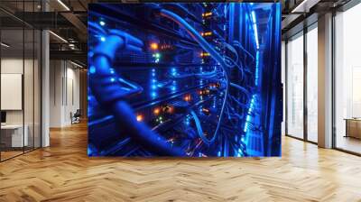 A computer server room with many cables and wires. The room is lit up with blue lights Wall mural