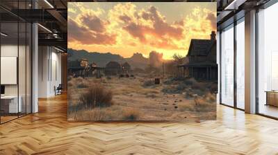 A deserted Western town at sunset. This photo is perfect for illustrating historical Western settings, stories, and themes. Wall mural