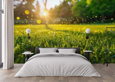 A field of grass with a bright sun shining on it. The sun is casting a warm glow on the grass, making it look inviting and peaceful Wall mural