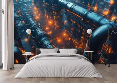 A futuristic factory with glowing pipes. This photo represents the concept of a high-tech industrial complex. Wall mural