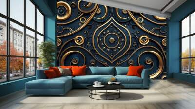 A gold and blue design with a large circle in the middle. The circle is surrounded by smaller circles and the design is very ornate Wall mural