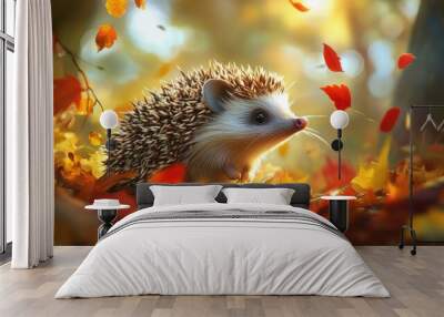 A hedgehog stands in autumn leaves. This photo is perfect for showcasing the beauty of nature and wildlife. Wall mural