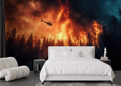 A helicopter flies over a forest fire. This image depicts the danger and challenges of fighting forest fires. Wall mural