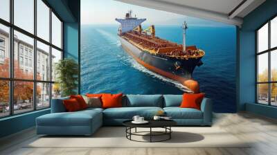 A large cargo ship sailing on the ocean. This image is perfect for illustrating concepts of shipping, transportation, and global trade. Wall mural