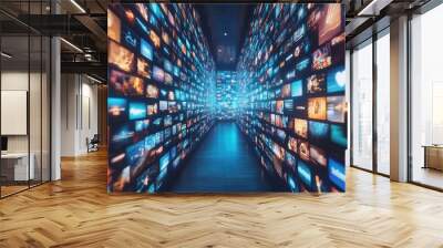 A long blue wall with many screens showing different images. The screens are arranged in a way that they are all overlapping each other. Scene is chaotic and busy, with a sense of information overload Wall mural