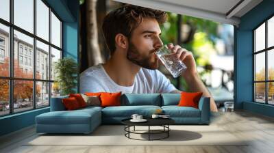 A man drinks water from a glass. Perfect for an article about hydration and healthy lifestyle choices. Wall mural