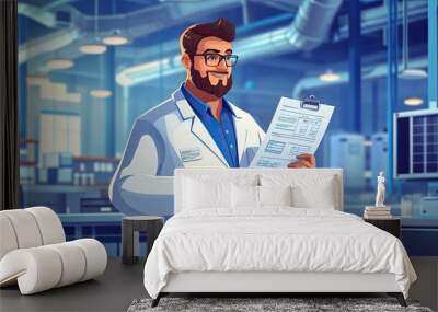 A man in a lab coat holding a clipboard. He is smiling and pointing to something on the clipboard Wall mural