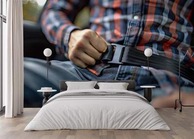 A man in a plaid shirt is buckling his seat belt. Concept of responsibility and safety, as the man takes the necessary precautions to protect himself while driving Wall mural