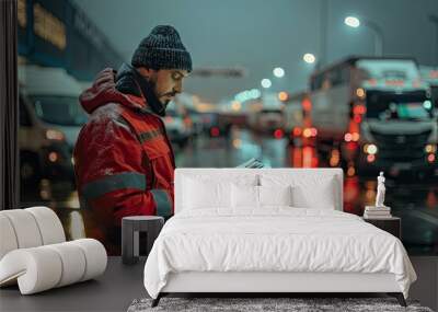 A man in a red jacket is reading a piece of paper while standing in the rain. The scene is set in a busy city with many cars and trucks, and the man is focused on his task despite the weather Wall mural