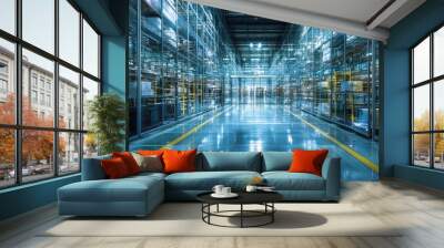 A modern warehouse with glass shelves. This image depicts a storage facility with shelves and racking to highlight the concept of logistics, distribution, and inventory. Wall mural