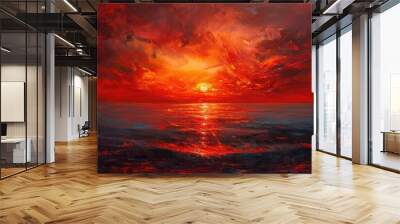 A painting of a sunset with a red sky and a calm ocean. Wall mural