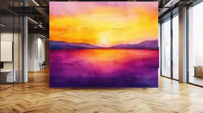 A painting of a sunset with mountains in the background. The sky is a mix of purple and orange, and the sun is in the middle of the painting. The mood of the painting is serene and peaceful Wall mural