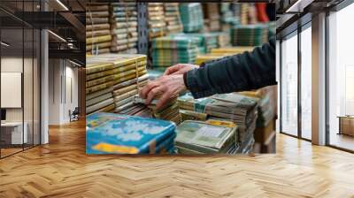 A person is reaching for a book on a shelf in a store. The books are piled high and there are many different types of books. The person seems to be looking for a specific book Wall mural