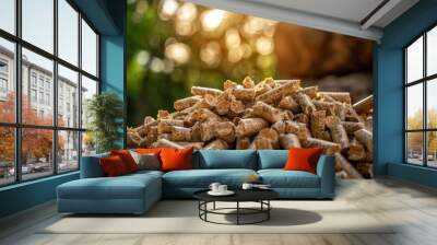 A pile of wood chips is piled high. The pile is brown and has a rustic appearance Wall mural