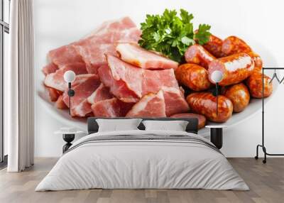 A plate of sliced bacon and sausages. This image can be used for advertisements or articles about meat products. Wall mural