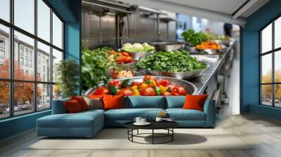 A professional kitchen with fresh produce. Showcasing a delicious and healthy meal preparation. Wall mural