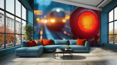 A red signal light on a railroad track. The red light indicates a stop for trains and other vehicles. Wall mural