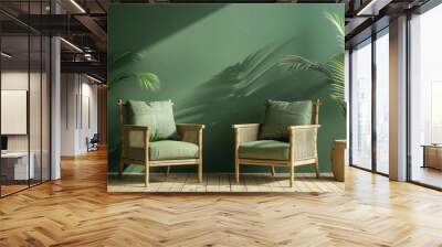 A room with two green chairs and two potted plants. The chairs are facing each other and the potted plants are on the floor Wall mural