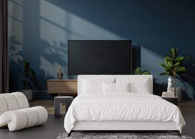 A television is sitting on a wooden stand in a room with a blue wall. The room is well lit and has a modern, minimalist feel Wall mural