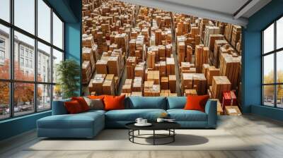 A warehouse full of stacked boxes. This image is perfect for illustrating concepts of logistics, shipping, and warehousing. Wall mural