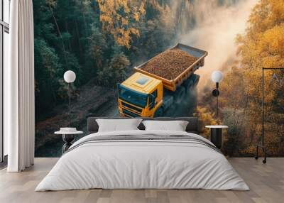 A yellow dump truck drives on a forest road. This photo is perfect for illustrating concepts of transportation and heavy machinery in a natural setting. Wall mural