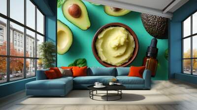 Avocado mask, oil, and leaves. Perfect for natural beauty and skincare. This image showcases the natural ingredients used in creating avocado-based beauty products. Wall mural