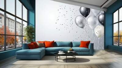 Black, silver and white balloons float. Perfect for celebrating a special occasion. Wall mural