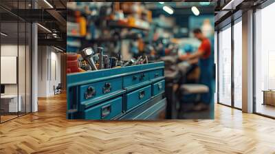 Blue toolbox with various tools. This photo depicts a workplace with a toolbox filled with tools, representing the hard work and dedication of mechanics and technicians. Wall mural