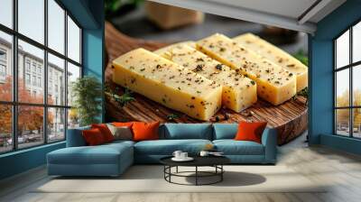 Cheese sticks with herbs on wood board. Perfect for food and beverage advertising. Wall mural