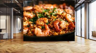 Close-up of a seafood dish with shrimp. This photo depicts a delicious and flavorful seafood meal, perfect for showcasing the culinary arts. Wall mural