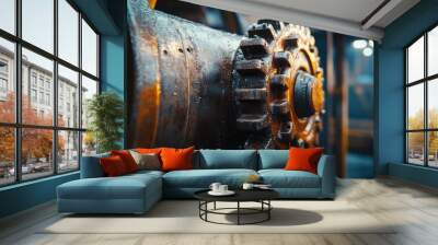 Close up of an industrial gear. This photo is perfect for illustrating concepts of machinery, industry, and manufacturing. Wall mural