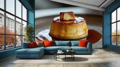 Creamy flan dessert with caramel. Perfect for showcasing the deliciousness of a classic dessert. Wall mural