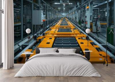 Factory assembly line with parts. This photo shows a modern, automated assembly line in a factory, highlighting the process of manufacturing and assembling products. Wall mural