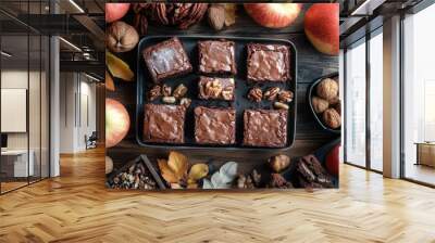 Freshly baked brownies in a baking dish. A great image to use for an advertisement for a bakery or to illustrate a recipe for homemade brownies. Wall mural