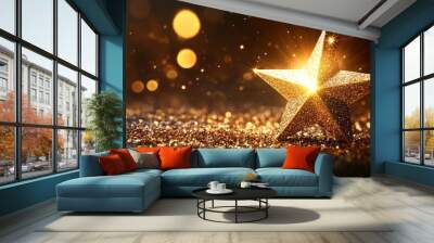 Golden star on glitter background. Perfect for holiday, celebration, and achievement themes. Wall mural