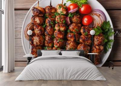 Grilled chicken skewers on white plate. Perfect for food blogs, restaurant menus, or recipes showcasing kebabs. Wall mural