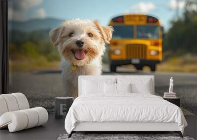 Happy dog running towards a school bus. This photo is perfect for illustrating the joy of a dog greeting their owner after school. Wall mural