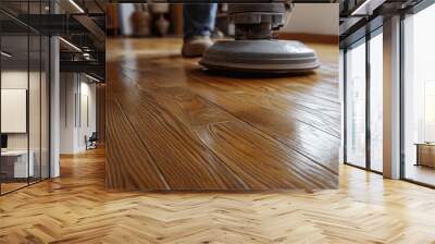 Polished wooden floor with machine. This photo is perfect for showcasing the beauty of hardwood floors and the process of refinishing them. Wall mural