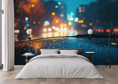 Raindrops on car in city at night. Great for website backgrounds and articles about weather or driving. Wall mural