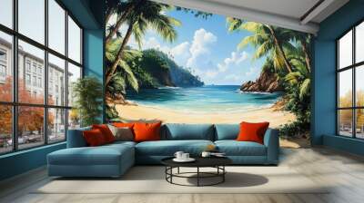 Secluded tropical beach with palm trees. Perfect for travel, vacation, and relaxation themes. Wall mural