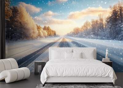 Snow-covered road through snowy forest. Perfect for illustrating winter driving conditions, travel, and nature. Wall mural