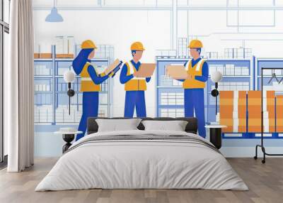 Three men in yellow vests are standing in a warehouse, looking at boxes. They are wearing hard hats and safety vests Wall mural