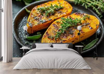 Two grilled butternut squash halves with herbs. Perfect for showcasing delicious vegetarian recipes or healthy eating. Wall mural