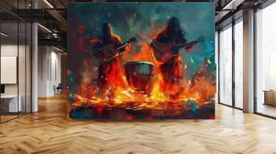 Two men playing instruments in front of a fire. Scene is intense and passionate Wall mural