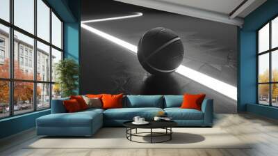 3d render a black basketball on basketball court floor with bright glowing white line. AI generated Wall mural