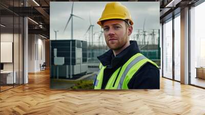 A worker in safety gear stands at a renewable energy site with wind turbines in the background. Wall mural